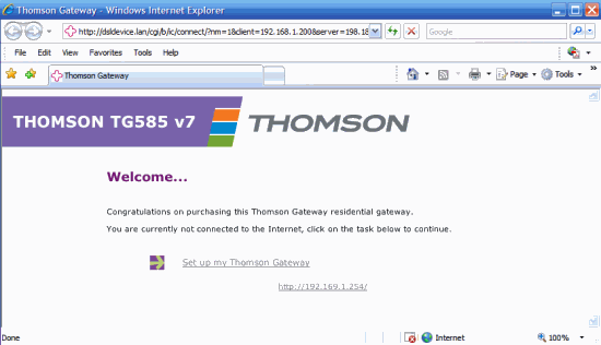 The Thomson Gateway Welcome Page, Click Set up My Thomson Gateway.