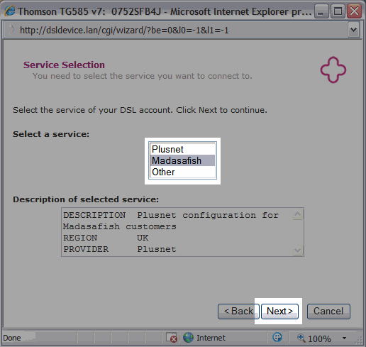 Choose Plusnet from the Service list and click Next.